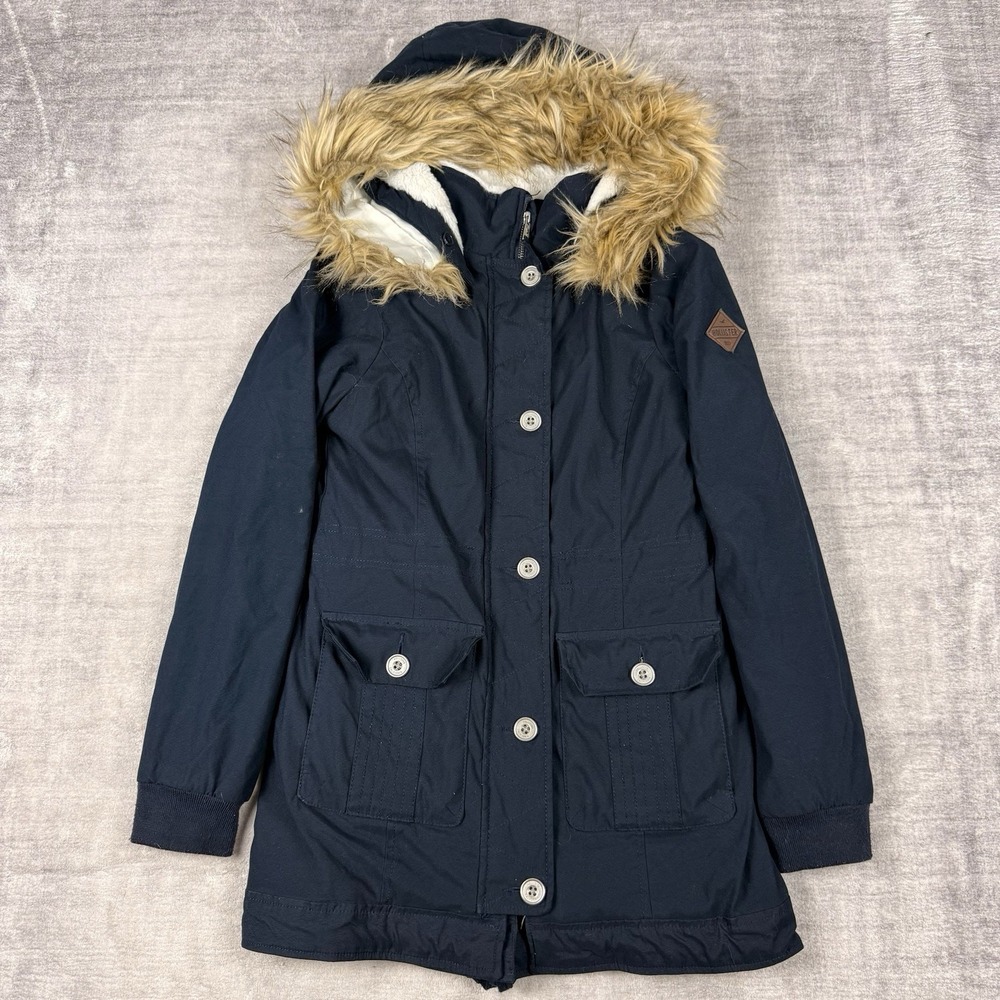Hollister Jacket Womens Small Blue Heritage Full Zip faux Fur Hood Sherpa Lining
